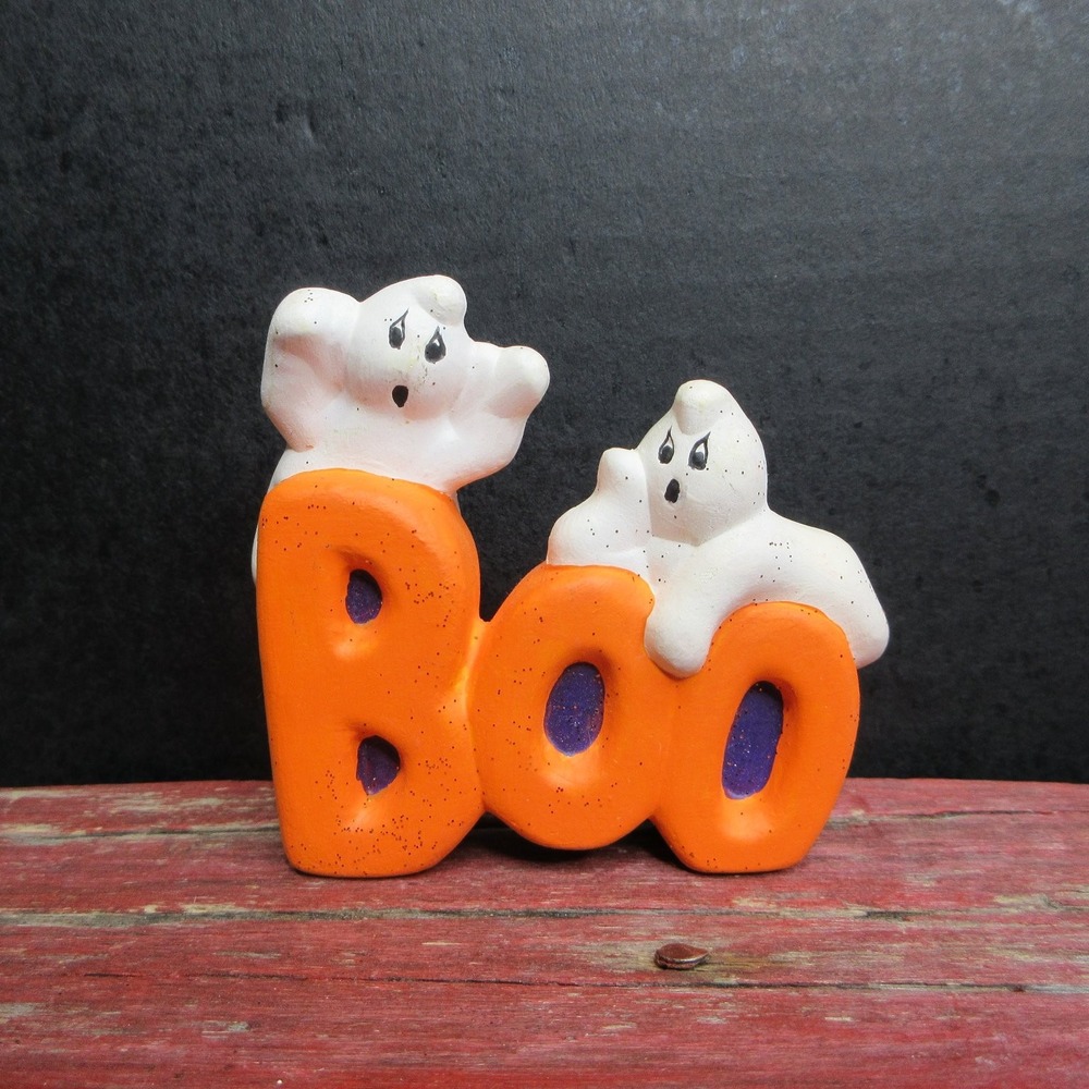 VTG Halloween "BOO" Ghost Figurine Decor Orange White Purple Spooky Holiday